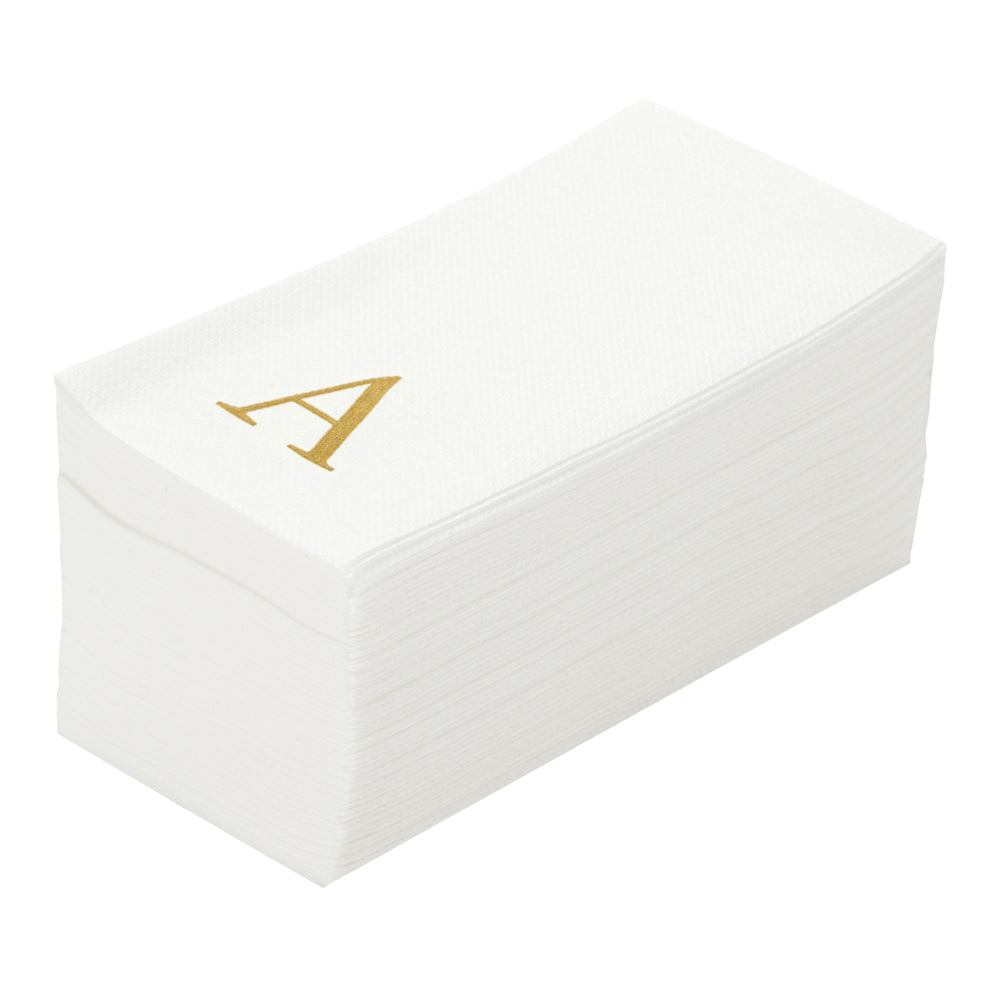 restaurantware Luxenap Rectangle Gold Letter A White Paper Linen-Feel Guest Towel / Napkin - Air Laid Sans Serif Font - 15 3/4" x 8" - 2000 count box