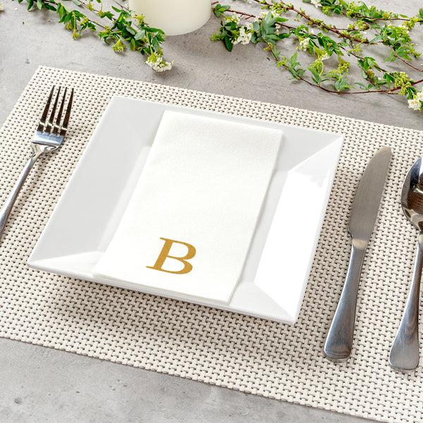 Restaurantware Luxenap Rectangle Gold Letter B White Paper Linen-Feel Guest Towel / Napkin - Air Laid Sans Serif Font - 15 3/4" X 8" - 2000 Count Box