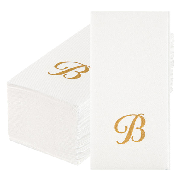 Restaurantware Luxenap Rectangle Gold Letter B White Paper Linen-Feel Guest Towel / Napkin - Air Laid Cursive Font - 15 3/4" X 8" - 2000 Count Box