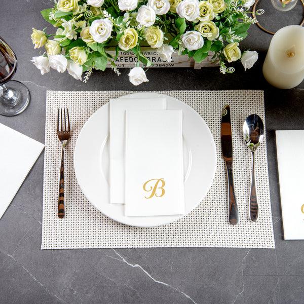 Restaurantware Luxenap Rectangle Gold Letter B White Paper Linen-Feel Guest Towel / Napkin - Air Laid Cursive Font - 15 3/4" X 8" - 2000 Count Box