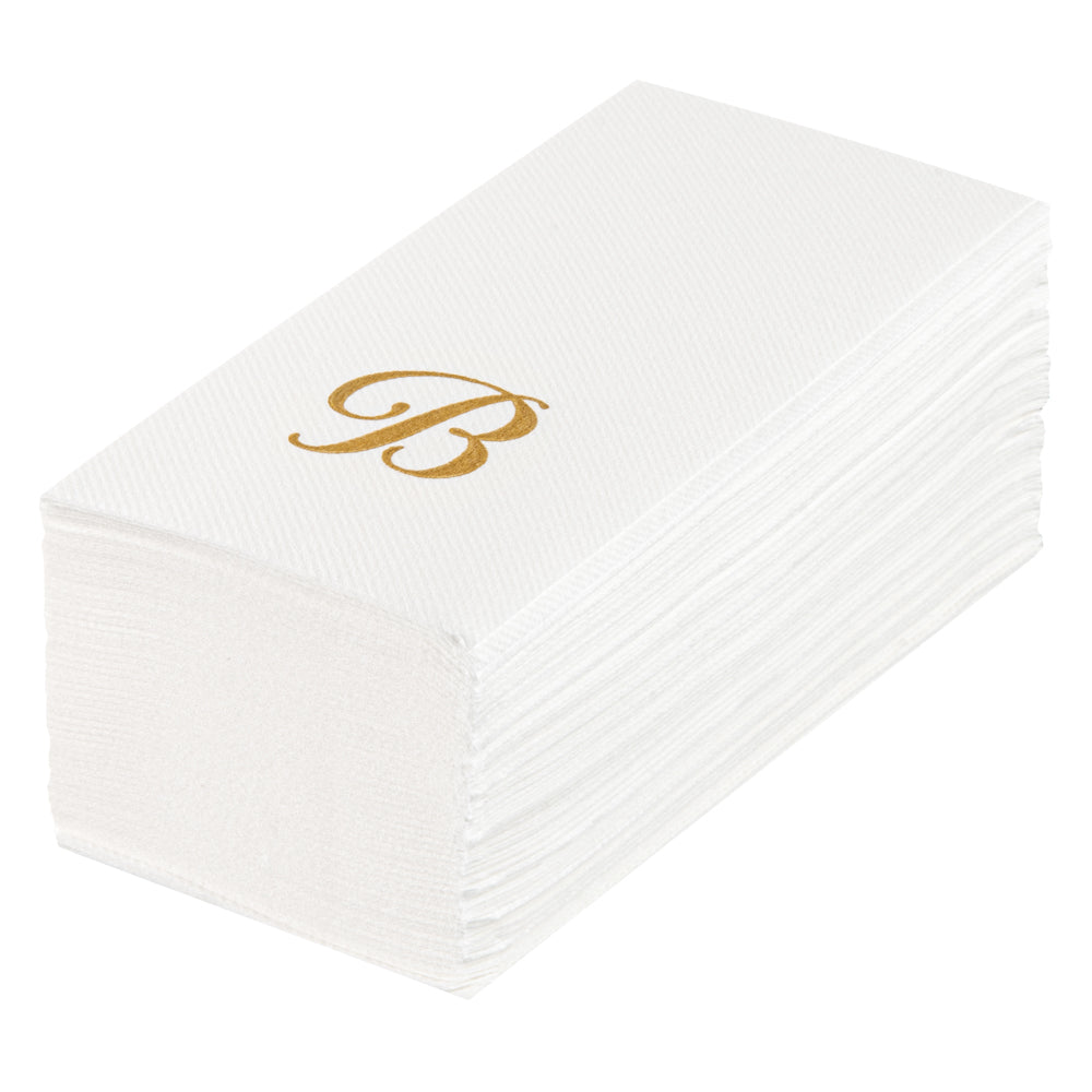 restaurantware Luxenap Rectangle Gold Letter B White Paper Linen-Feel Guest Towel / Napkin - Air Laid Cursive Font - 15 3/4" x 8" - 2000 count box