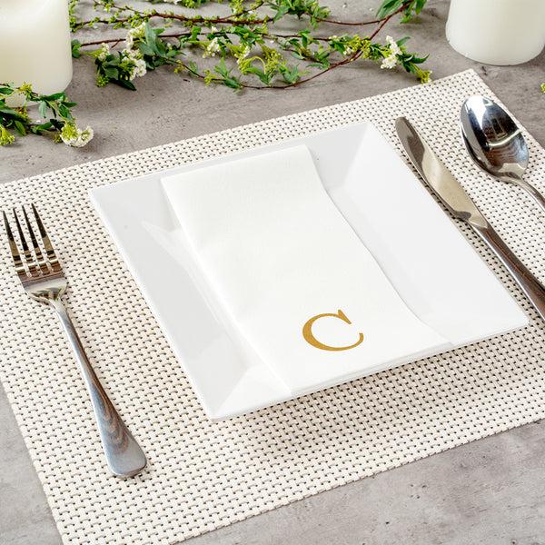 Restaurantware Luxenap Rectangle Gold Letter C White Paper Linen-Feel Guest Towel / Napkin - Air Laid Sans Serif Font - 15 3/4" X 8" - 2000 Count Box