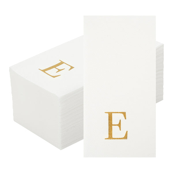 Restaurantware Luxenap Rectangle Gold Letter E White Paper Linen-Feel Guest Towel / Napkin - Air Laid Sans Serif Font - 15 3/4" X 8" - 2000 Count Box