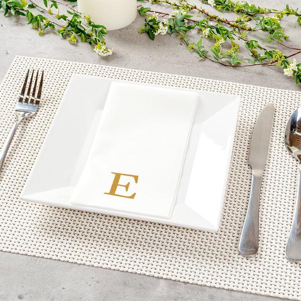 Restaurantware Luxenap Rectangle Gold Letter E White Paper Linen-Feel Guest Towel / Napkin - Air Laid Sans Serif Font - 15 3/4" X 8" - 2000 Count Box