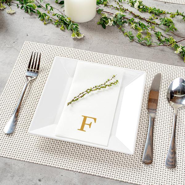 Restaurantware Luxenap Rectangle Gold Letter F White Paper Linen-Feel Guest Towel / Napkin - Air Laid Sans Serif Font - 15 3/4" X 8" - 2000 Count Box