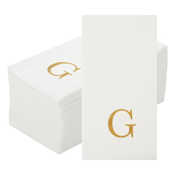 Restaurantware Luxenap Rectangle Gold Letter G White Paper Linen-Feel Guest Towel / Napkin - Air Laid Sans Serif Font - 15 3/4" X 8" - 2000 Count Box