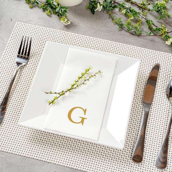 Restaurantware Luxenap Rectangle Gold Letter G White Paper Linen-Feel Guest Towel / Napkin - Air Laid Sans Serif Font - 15 3/4" X 8" - 2000 Count Box