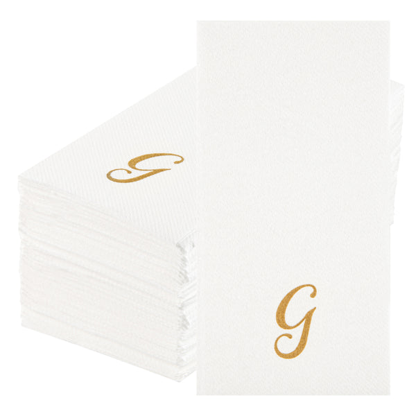 Restaurantware Luxenap Rectangle Gold Letter G White Paper Linen-Feel Guest Towel / Napkin - Air Laid Cursive Font - 15 3/4" X 8" - 2000 Count Box