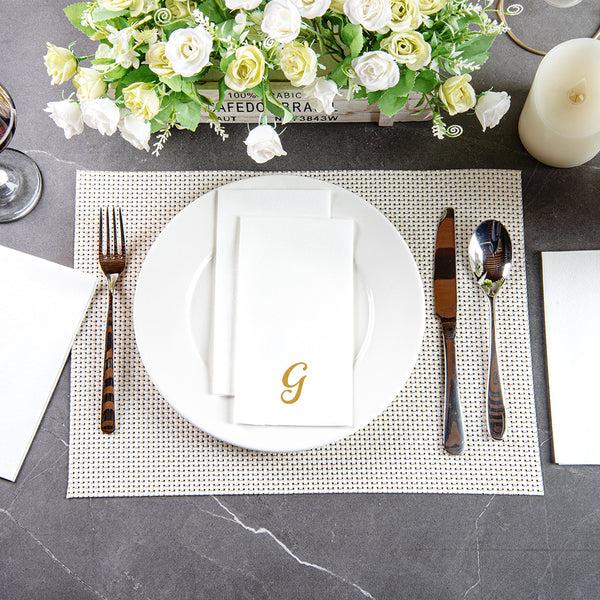 Restaurantware Luxenap Rectangle Gold Letter G White Paper Linen-Feel Guest Towel / Napkin - Air Laid Cursive Font - 15 3/4" X 8" - 2000 Count Box