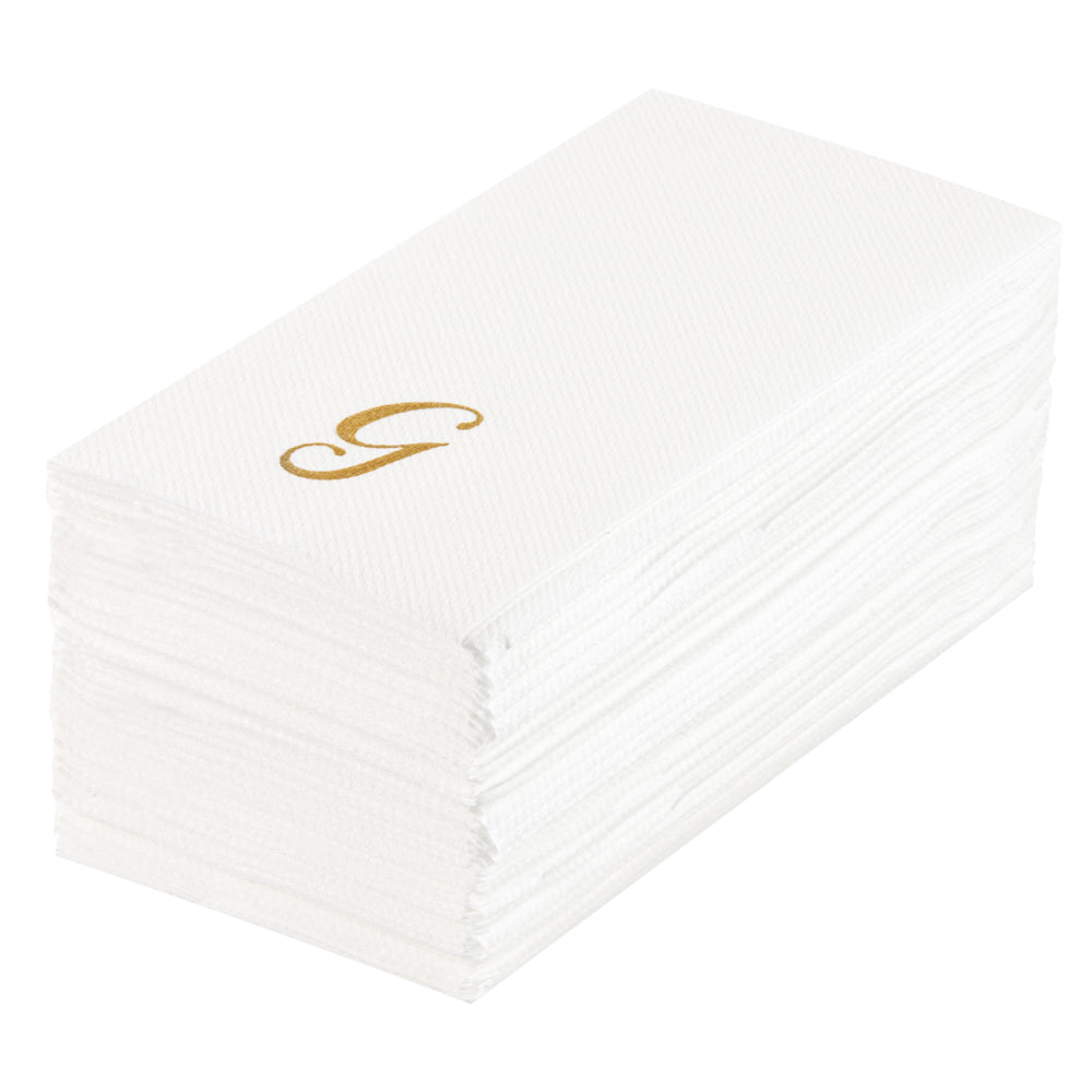 restaurantware Luxenap Rectangle Gold Letter G White Paper Linen-Feel Guest Towel / Napkin - Air Laid Cursive Font - 15 3/4" x 8" - 2000 count box