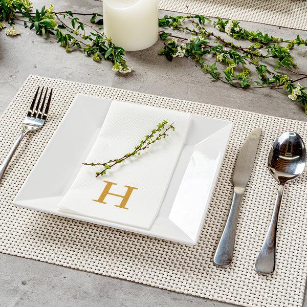 Restaurantware Luxenap Rectangle Gold Letter H White Paper Linen-Feel Guest Towel / Napkin - Air Laid Sans Serif Font - 15 3/4" X 8" - 2000 Count Box