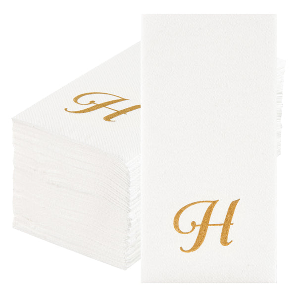 Restaurantware Luxenap Rectangle Gold Letter H White Paper Linen-Feel Guest Towel / Napkin - Air Laid Cursive Font - 15 3/4" X 8" - 2000 Count Box