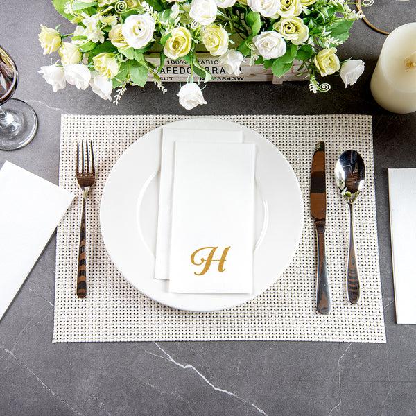 Restaurantware Luxenap Rectangle Gold Letter H White Paper Linen-Feel Guest Towel / Napkin - Air Laid Cursive Font - 15 3/4" X 8" - 2000 Count Box