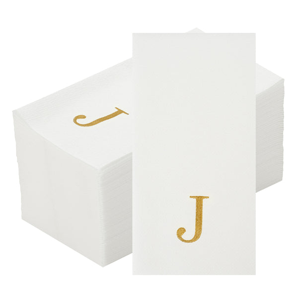 Restaurantware Luxenap Rectangle Gold Letter J White Paper Linen-Feel Guest Towel / Napkin - Air Laid Sans Serif Font - 15 3/4" X 8" - 2000 Count Box