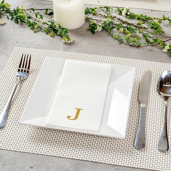 Restaurantware Luxenap Rectangle Gold Letter J White Paper Linen-Feel Guest Towel / Napkin - Air Laid Sans Serif Font - 15 3/4" X 8" - 2000 Count Box
