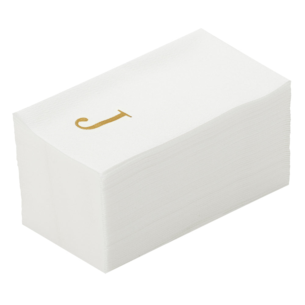 restaurantware Luxenap Rectangle Gold Letter J White Paper Linen-Feel Guest Towel / Napkin - Air Laid Sans Serif Font - 15 3/4" x 8" - 2000 count box