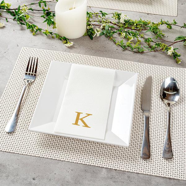 Restaurantware Luxenap Rectangle Gold Letter K White Paper Linen-Feel Guest Towel / Napkin - Air Laid Sans Serif Font - 15 3/4" X 8" - 2000 Count Box