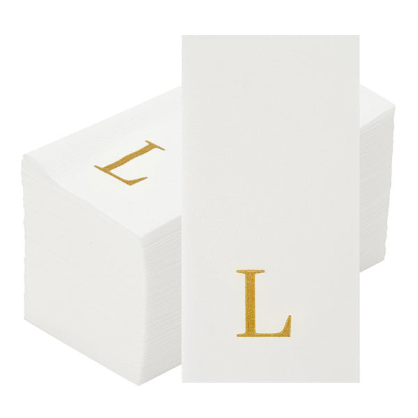 Restaurantware Luxenap Rectangle Gold Letter L White Paper Linen-Feel Guest Towel / Napkin - Air Laid Sans Serif Font - 15 3/4" X 8" - 2000 Count Box
