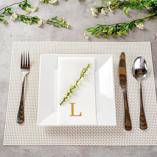 Restaurantware Luxenap Rectangle Gold Letter L White Paper Linen-Feel Guest Towel / Napkin - Air Laid Sans Serif Font - 15 3/4" X 8" - 2000 Count Box