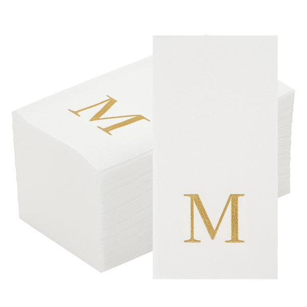 Restaurantware Luxenap Rectangle Gold Letter M White Paper Linen-Feel Guest Towel / Napkin - Air Laid Sans Serif Font - 15 3/4" X 8" - 2000 Count Box