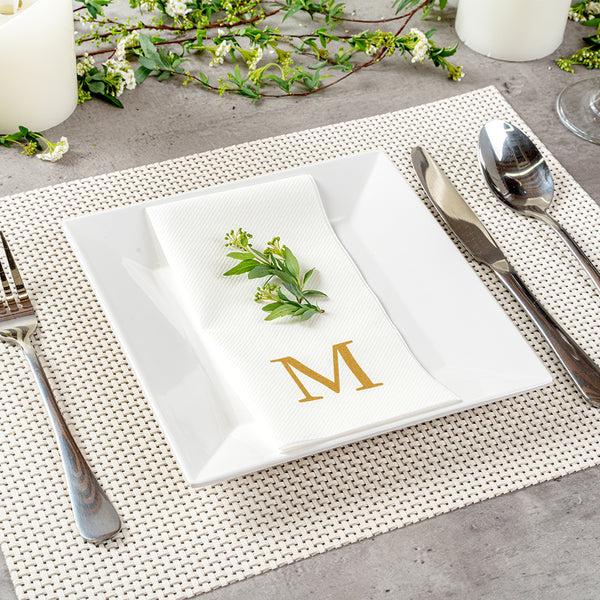 Restaurantware Luxenap Rectangle Gold Letter M White Paper Linen-Feel Guest Towel / Napkin - Air Laid Sans Serif Font - 15 3/4" X 8" - 2000 Count Box