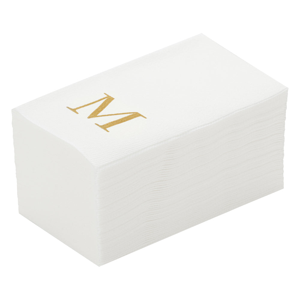 restaurantware Luxenap Rectangle Gold Letter M White Paper Linen-Feel Guest Towel / Napkin - Air Laid Sans Serif Font - 15 3/4" x 8" - 2000 count box