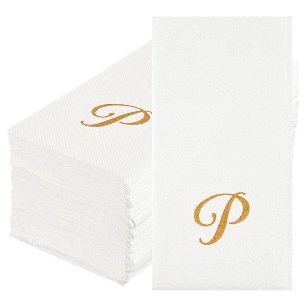 Restaurantware Luxenap Rectangle Gold Letter P White Paper Linen-Feel Guest Towel / Napkin - Air Laid Cursive Font - 15 3/4" X 8" - 2000 Count Box