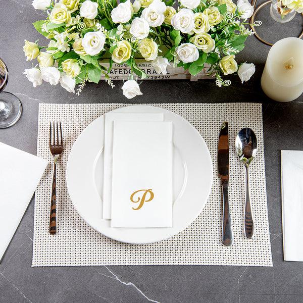 Restaurantware Luxenap Rectangle Gold Letter P White Paper Linen-Feel Guest Towel / Napkin - Air Laid Cursive Font - 15 3/4" X 8" - 2000 Count Box