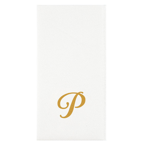 Restaurantware Luxenap Rectangle Gold Letter P White Paper Linen-Feel Guest Towel / Napkin - Air Laid Cursive Font - 15 3/4" X 8" - 2000 Count Box