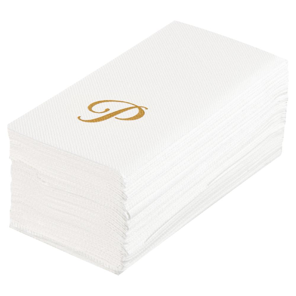 restaurantware Luxenap Rectangle Gold Letter P White Paper Linen-Feel Guest Towel / Napkin - Air Laid Cursive Font - 15 3/4" x 8" - 2000 count box