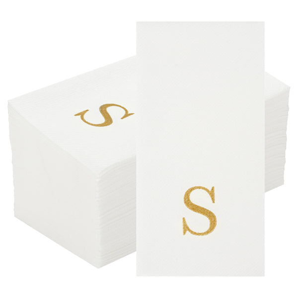 Restaurantware Luxenap Rectangle Gold Letter S White Paper Linen-Feel Guest Towel / Napkin - Air Laid Sans Serif Font - 15 3/4" X 8" - 2000 Count Box