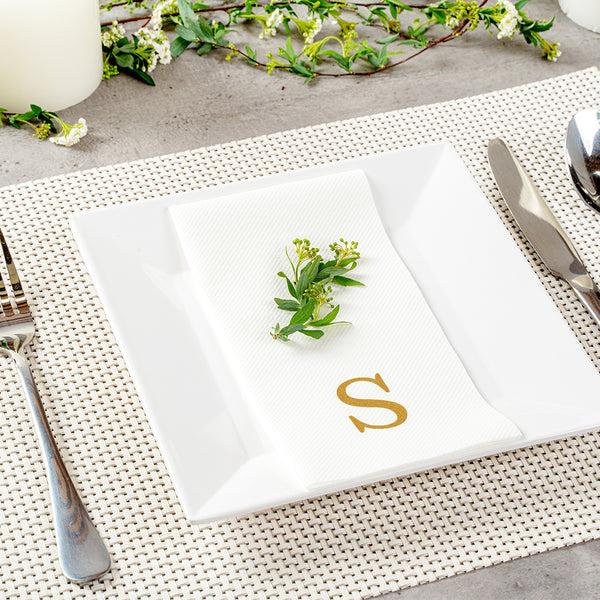 Restaurantware Luxenap Rectangle Gold Letter S White Paper Linen-Feel Guest Towel / Napkin - Air Laid Sans Serif Font - 15 3/4" X 8" - 2000 Count Box