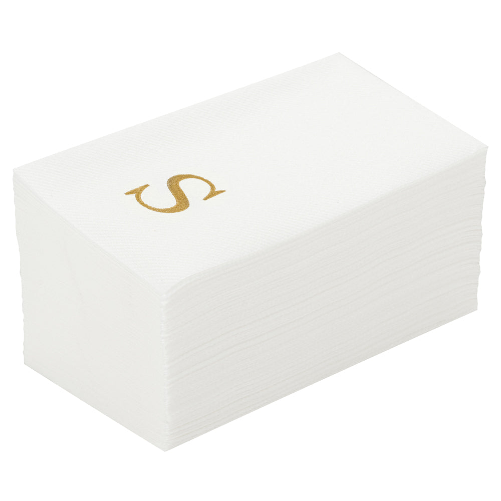 restaurantware Luxenap Rectangle Gold Letter S White Paper Linen-Feel Guest Towel / Napkin - Air Laid Sans Serif Font - 15 3/4" x 8" - 2000 count box