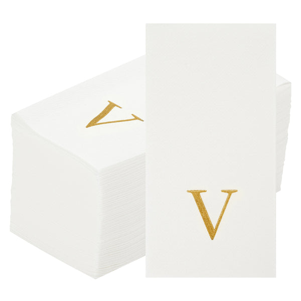 Restaurantware Luxenap Rectangle Gold Letter V White Paper Linen-Feel Guest Towel / Napkin - Air Laid Sans Serif Font - 15 3/4" X 8" - 2000 Count Box