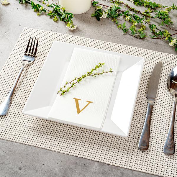 Restaurantware Luxenap Rectangle Gold Letter V White Paper Linen-Feel Guest Towel / Napkin - Air Laid Sans Serif Font - 15 3/4" X 8" - 2000 Count Box