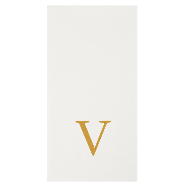Restaurantware Luxenap Rectangle Gold Letter V White Paper Linen-Feel Guest Towel / Napkin - Air Laid Sans Serif Font - 15 3/4" X 8" - 2000 Count Box