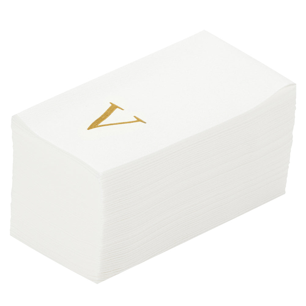 restaurantware Luxenap Rectangle Gold Letter V White Paper Linen-Feel Guest Towel / Napkin - Air Laid Sans Serif Font - 15 3/4" x 8" - 2000 count box