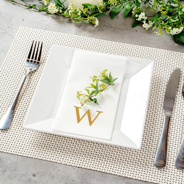 Restaurantware Luxenap Rectangle Gold Letter W White Paper Linen-Feel Guest Towel / Napkin - Air Laid Sans Serif Font - 15 3/4" X 8" - 2000 Count Box