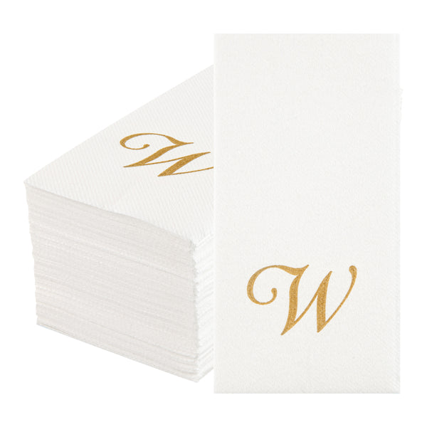 Restaurantware Luxenap Rectangle Gold Letter W White Paper Linen-Feel Guest Towel / Napkin - Air Laid Cursive Font - 15 3/4" X 8" - 2000 Count Box
