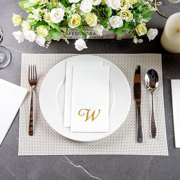 Restaurantware Luxenap Rectangle Gold Letter W White Paper Linen-Feel Guest Towel / Napkin - Air Laid Cursive Font - 15 3/4" X 8" - 2000 Count Box