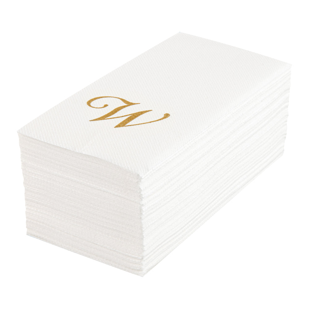 restaurantware Luxenap Rectangle Gold Letter W White Paper Linen-Feel Guest Towel / Napkin - Air Laid Cursive Font - 15 3/4" x 8" - 2000 count box