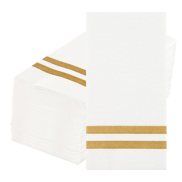 Restaurantware Luxenap Rectangle Gold Striped White Paper Linen-Feel Guest Towel / Napkin - Air Laid - 15 3/4" X 8" - 2000 Count Box