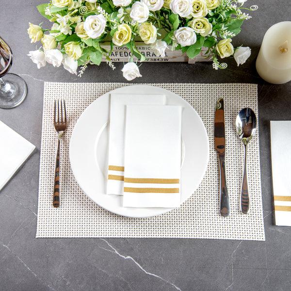 Restaurantware Luxenap Rectangle Gold Striped White Paper Linen-Feel Guest Towel / Napkin - Air Laid - 15 3/4" X 8" - 2000 Count Box