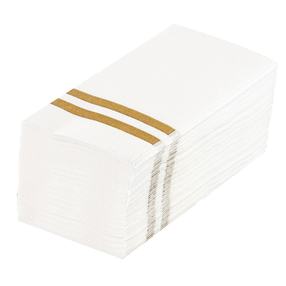 restaurantware Luxenap Rectangle Gold Striped White Paper Linen-Feel Guest Towel / Napkin - Air Laid - 15 3/4" x 8" - 2000 count box
