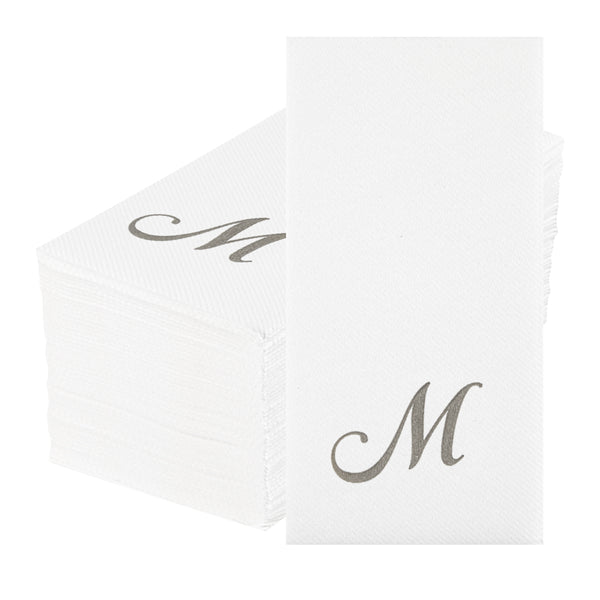 Restaurantware Luxenap Rectangle Silver Letter M White Paper Linen-Feel Guest Towel / Napkin - Air Laid Cursive Font - 15 3/4" X 8" - 2000 Count Box