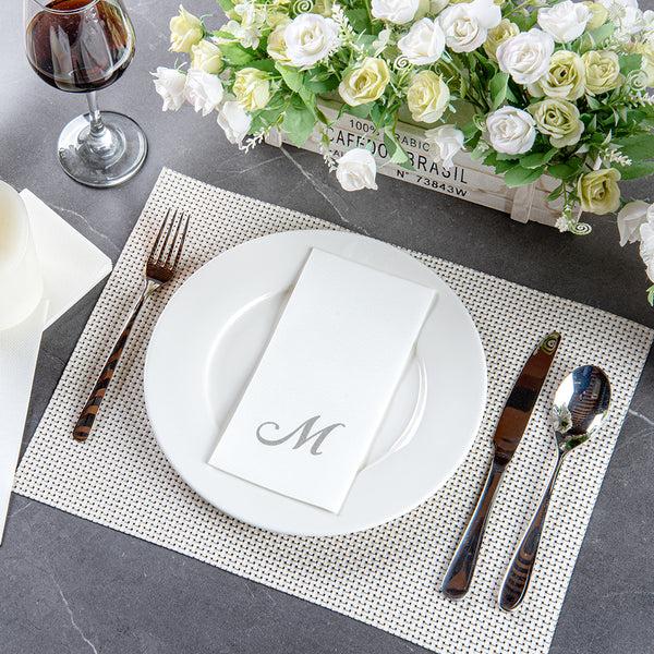 Restaurantware Luxenap Rectangle Silver Letter M White Paper Linen-Feel Guest Towel / Napkin - Air Laid Cursive Font - 15 3/4" X 8" - 2000 Count Box