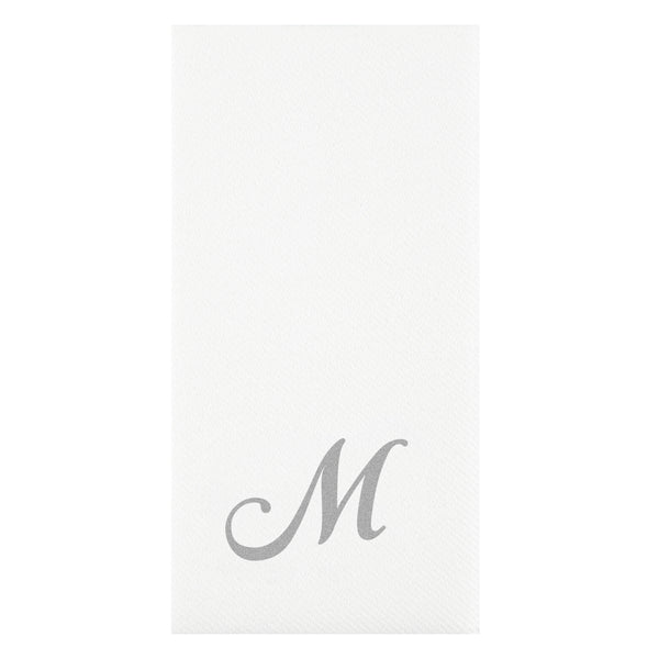 Restaurantware Luxenap Rectangle Silver Letter M White Paper Linen-Feel Guest Towel / Napkin - Air Laid Cursive Font - 15 3/4" X 8" - 2000 Count Box