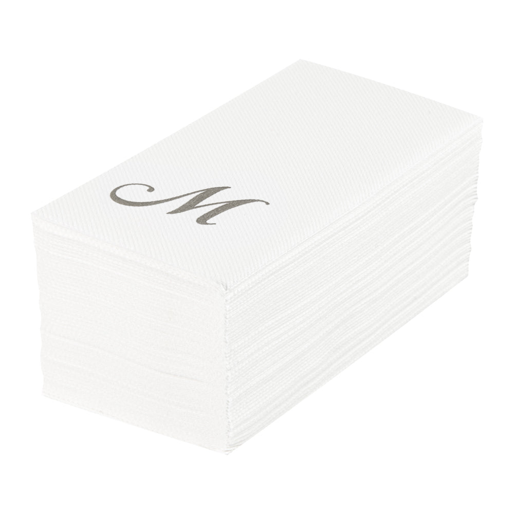 restaurantware Luxenap Rectangle Silver Letter M White Paper Linen-Feel Guest Towel / Napkin - Air Laid Cursive Font - 15 3/4" x 8" - 2000 count box