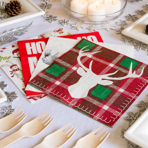 Restaurantware Luxenap Red / Green Plaid Paper Luncheon Napkin - Reindeer - 13" X 13" - 500 Count Box