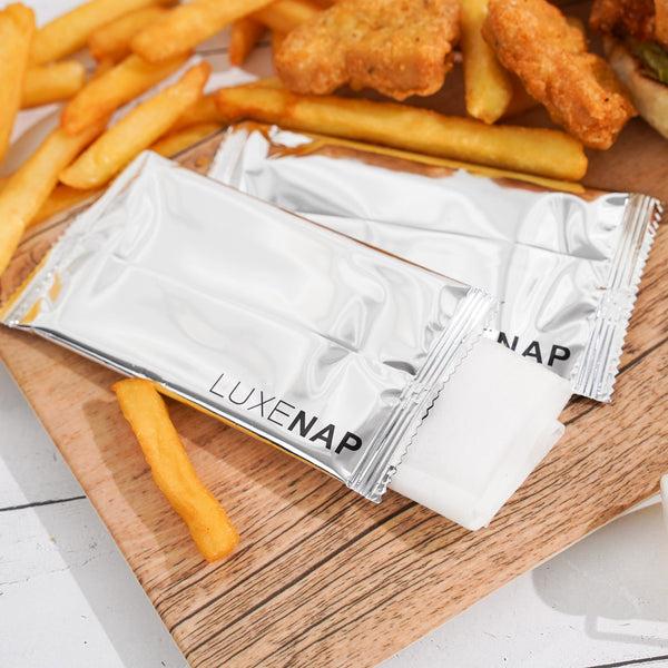 Restaurantware Luxenap White Moist Towelette - Aloe-Scented Alcohol Free - 5 1/4" X 2 1/2" - 100 Count Box
